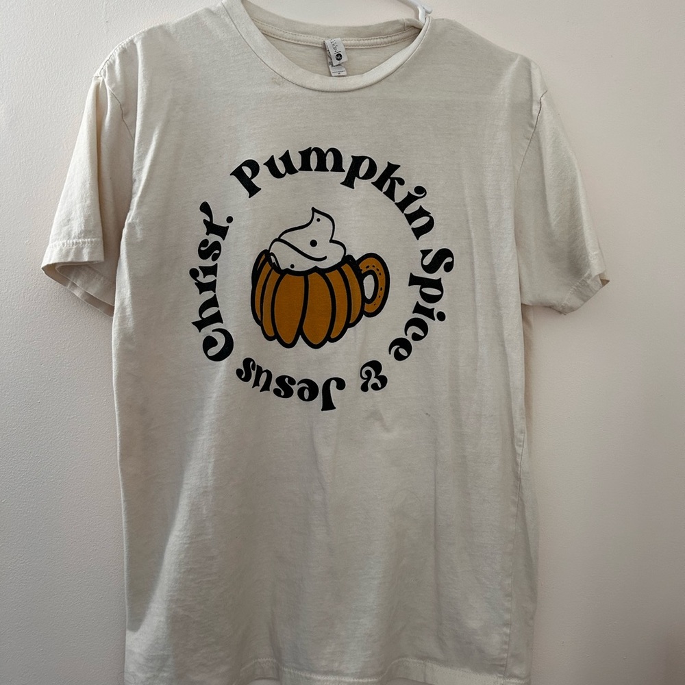 White and Black ~PUMPKIN SPICE & JESUS CHRIST~ T-Shirt; Pumpkin Latte Graphic 🎃